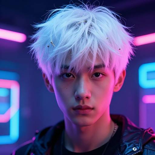 Neon-lit photograph of a young, androgynous Asian man with white, spiky hair, piercing blue eyes, and a serious expression