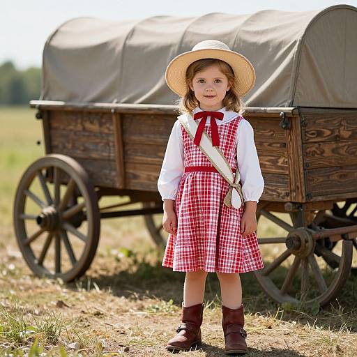 Photograph of a young girl in a red-checkered dress, white shirt, red bow, brown boots, and straw hat, standing in front of