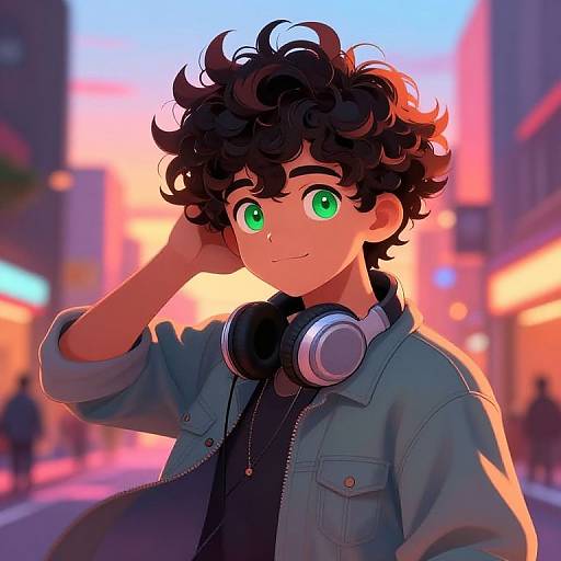 Digital anime-style drawing of a curly-haired boy with bright green eyes, wearing a blue jacket and headphones, standing in a vibrant, neon-lit city