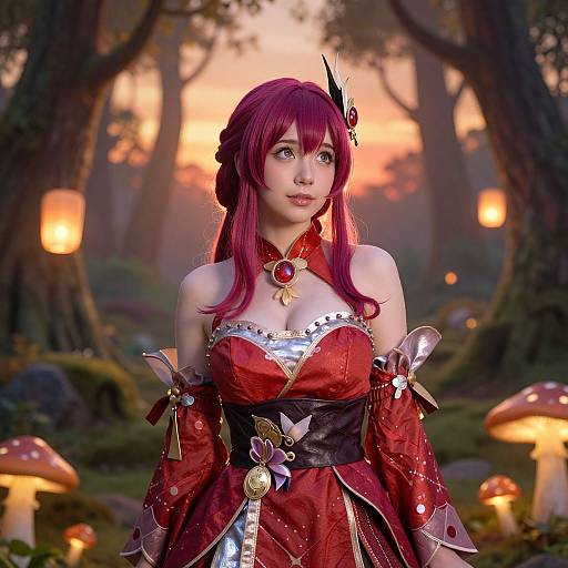 Digital art of a red-haired woman in a fantasy forest, wearing a red, silver-trimmed dress with ornate jewelry, surrounded by glowing mushrooms