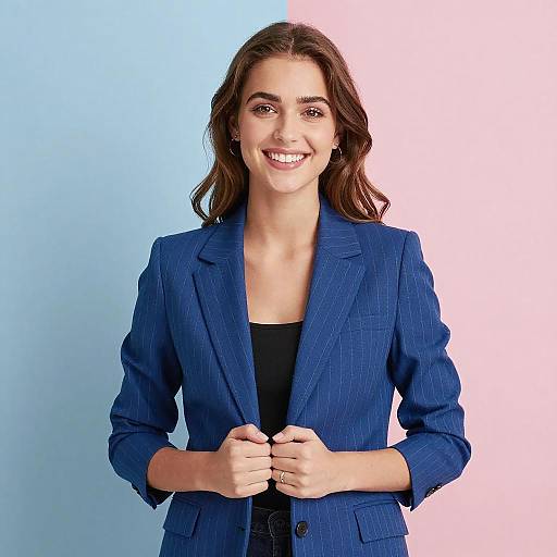 Smiling Woman in Blue Pinstripe Blazer