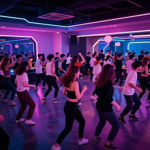 Photograph of a lively neon-lit dance party with diverse young people in casual clothing, including white t-shirts and black pants, dancing energetically