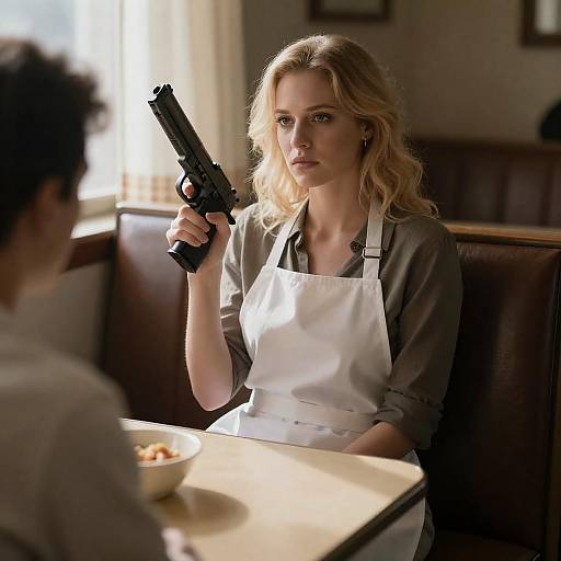 Blonde Woman in Booth with Handgun