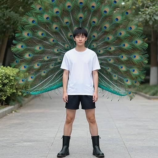 Photograph of an Asian man with short black hair, wearing a white t-shirt, black shorts, and boots, standing on a sidewalk with a large