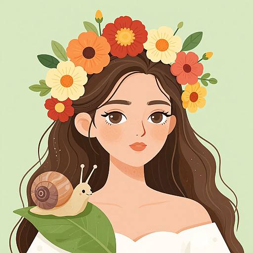 Digital illustration of a fair-skinned, brown-haired woman with a flower crown, wearing a white off-shoulder top, with a snail on