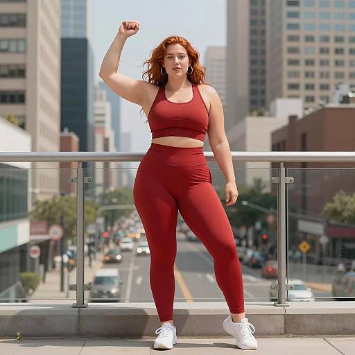 Confident Curvy Woman in Red Outfit