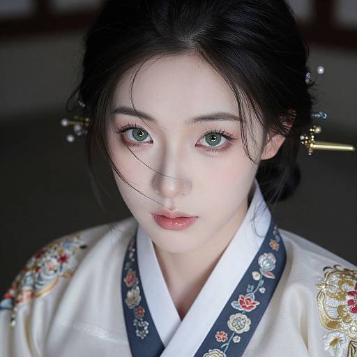 Photograph of a young Asian woman with pale skin, black hair in an updo, green eyes, wearing a white traditional Korean hanbok with