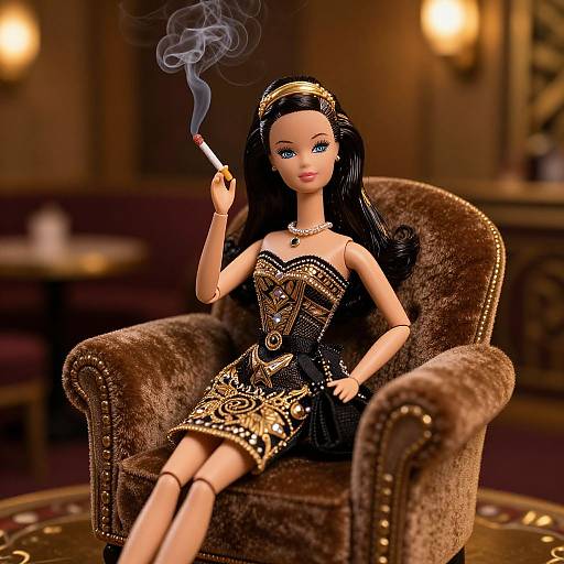 Glamorous doll with long black hair, gold headband, and black-gold dress, smoking a cigarette while seated on a brown velvet armchair