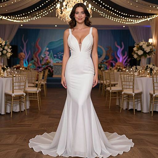 Photograph of a brunette woman in a white, deep V-neck, satin mermaid wedding gown, standing in an elegantly lit ballroom with string