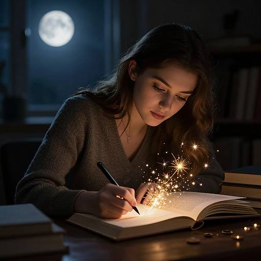 Photograph: Young woman with long brown hair, wearing a gray sweater, writes in an illuminated open book surrounded by sparkles, under a bright full