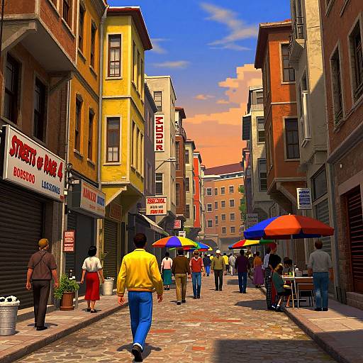 Vibrant street scene in a European city, colorful umbrellas, people walking, yellow and brown buildings, bright blue sky, sunset light, shop