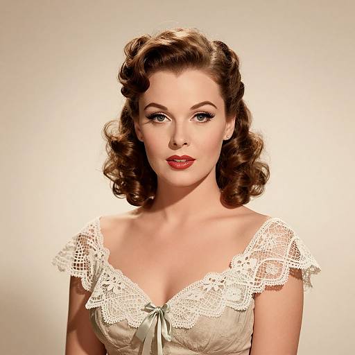 Vintage-style photograph of a fair-skinned woman with curled brown hair, red lipstick, and white lace-trimmed dress, set against a plain white