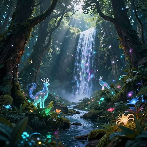 Digital fantasy artwork of a luminous forest with glowing blue unicorns, multicolored fireflies, and a cascading waterfall illuminated by sunlight.