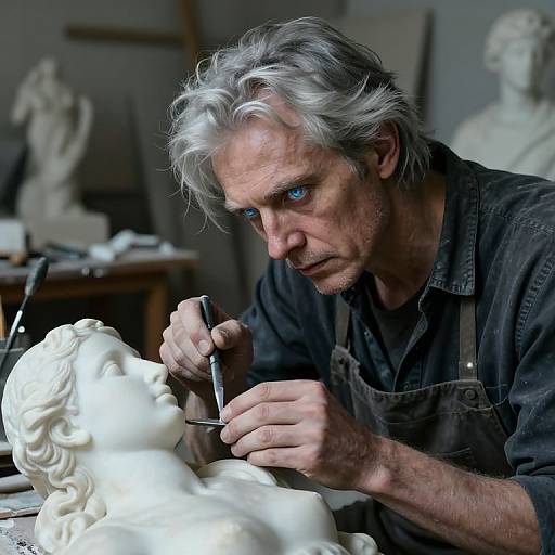 Photograph of an aged, gray-haired sculptor with intense blue eyes, meticulously carving a white marble bust, surrounded by partially finished sculptures in a dim