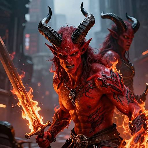 Fierce Tiefling Warrior with Flaming Sword