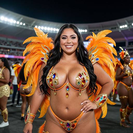 Photograph of a smiling Latina woman with long black hair in an orange feathered bikini adorned with gold and jewel accents, standing confidently in a brightly lit