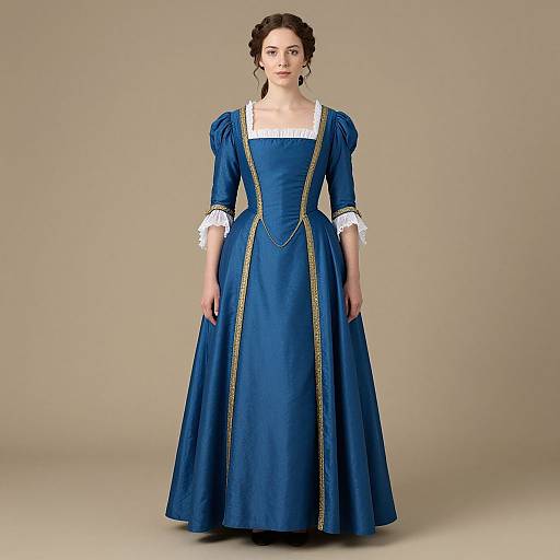 Photograph of a young woman with fair skin and dark brown hair in an intricate, Victorian-style, royal blue dress with white lace accents and gold trim