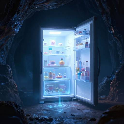 Photograph of a glowing, illuminated refrigerator inside a dark, rocky cave, with various food items and beverages visible on shelves.