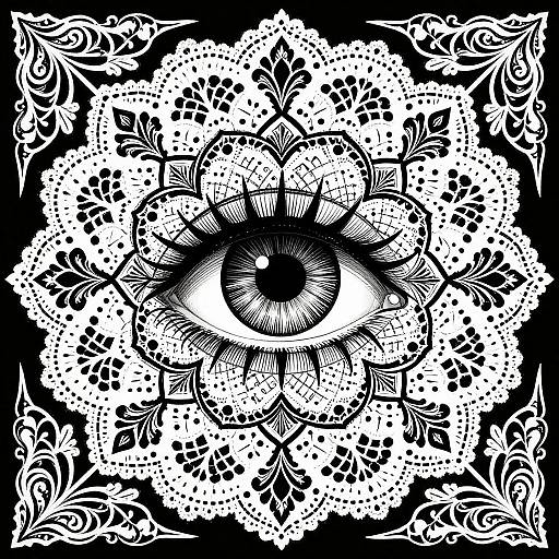Black and white digital drawing of an intricately detailed eye at the center, surrounded by elaborate floral patterns and lace-like designs on a solid black background.