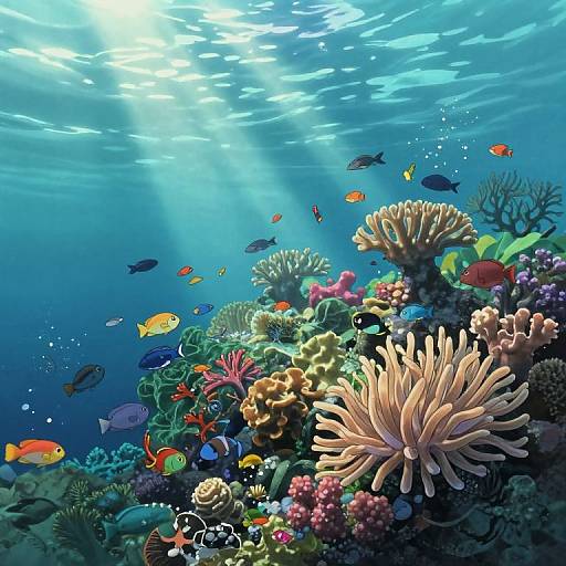Vibrant underwater photograph of sunlit coral reef teeming with colorful fish and diverse corals, showcasing vivid greens, pinks, oranges, and