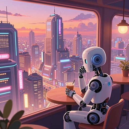 Digital illustration of a white, futuristic robot with blue accents, sitting at a café table, sipping a drink, overlooking a neon-lit, sunset