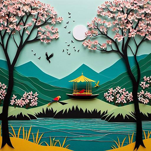 Matisse-Inspired Paper-Cut Floating Island with Sleeping Parrot