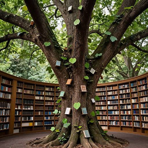 Photograph of a large tree trunk in a library, with books and green leaves attached, surrounded by curved wooden bookshelves.
