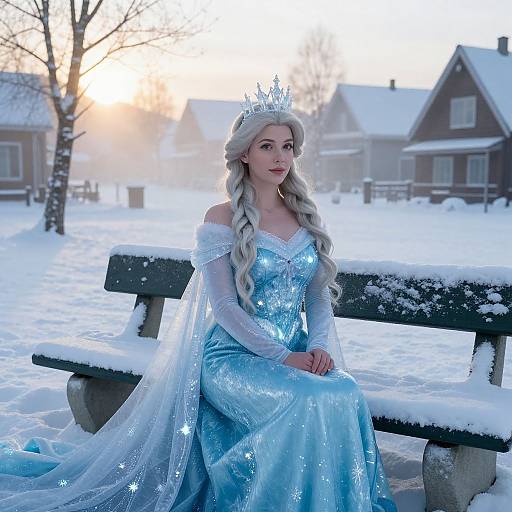 Photograph of a woman in a silver Elsa costume with crown, off-shoulder blue gown, and long white hair, sitting on a snow-covered