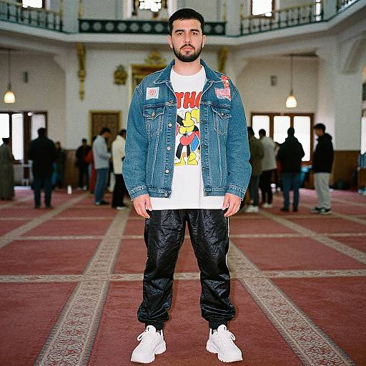 Photograph of a bearded man with dark hair, wearing a denim jacket, white graphic tee, black pants, and white sneakers, standing in a