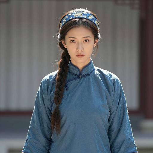 Elegant East Asian Woman in Blue Qipao