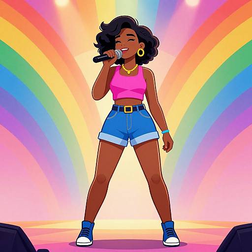 Digital illustration of a confident black woman with curly hair, wearing a pink crop top, blue shorts, blue sneakers, and gold jewelry, singing into a