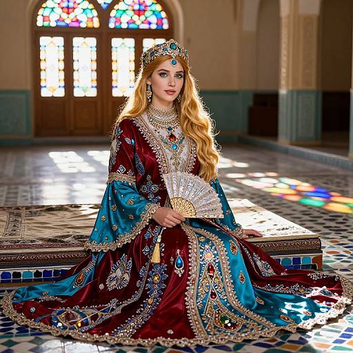 Photograph of a blonde woman in an ornate, jeweled, maroon and blue royal gown with intricate gold embroidery, sitting in a sunlit