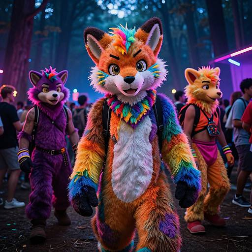Photograph of vibrant, rainbow-furred fox mascot in forest festival, surrounded by other colorful, furry attendees, neon lights, and trees.
