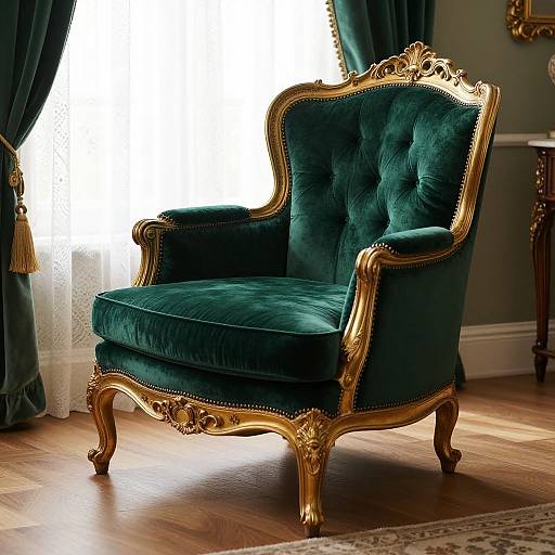 Photograph of an ornate, green velvet armchair with gold-accented, carved wooden frame, positioned in front of a bright window with sheer