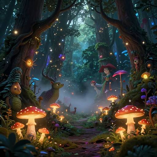 Enchanted Forest with Glowing Mushrooms and Mystical Creatures