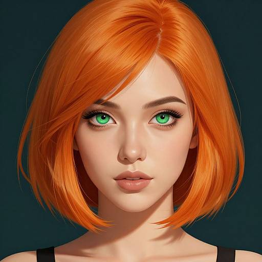Digital CGI portrait of a fair-skinned woman with vibrant orange bob haircut and striking green eyes, set against a dark blue background.