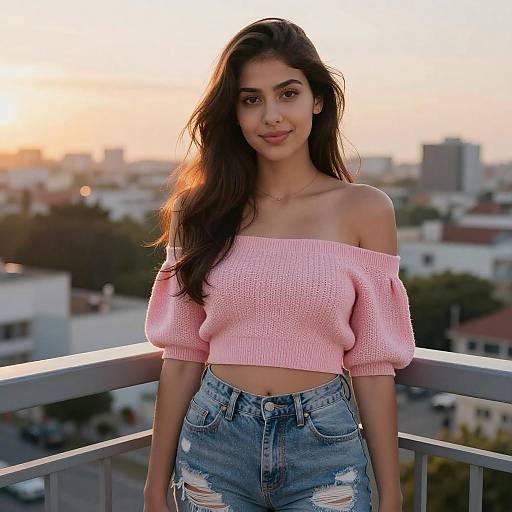Photograph of a young woman with long dark hair, wearing an off-shoulder pink knit sweater and distressed blue jeans, standing on a balcony at