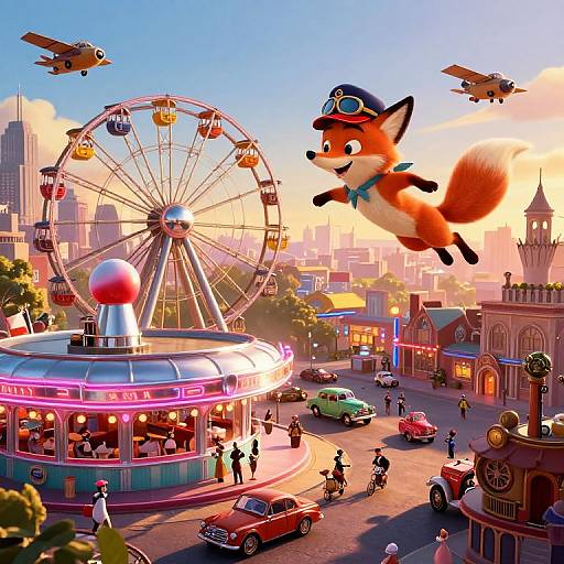 Vibrant digital illustration of a bustling city fair with a flying fox in a pilot hat, Ferris wheel, vintage cars, and colorful buildings under