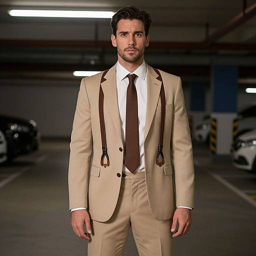 Photograph of a handsome, bearded man in a beige suit with brown suspenders, white shirt, and brown tie, standing in a dimly