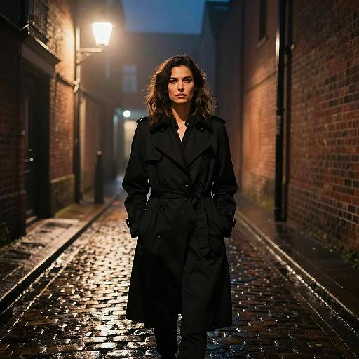 Photograph of a woman with wavy brown hair, wearing a long black trench coat, standing in a dimly lit, cobblestone alley at