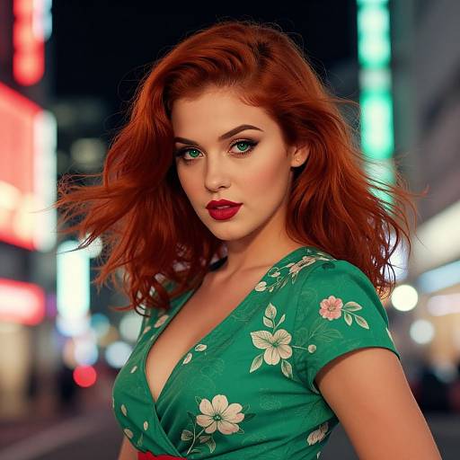 Photograph of a red-haired woman with green eyes, wearing a deep green floral dress, standing in a brightly lit, neon-lit urban night street
