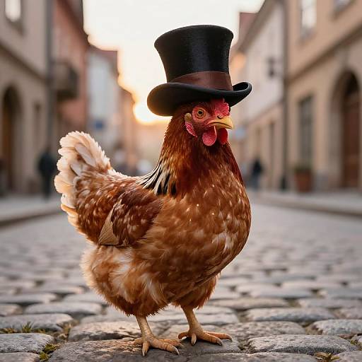 Photograph of a brown chicken wearing a black top hat standing on a cobblestone street in a sunlit, blurred European alleyway.