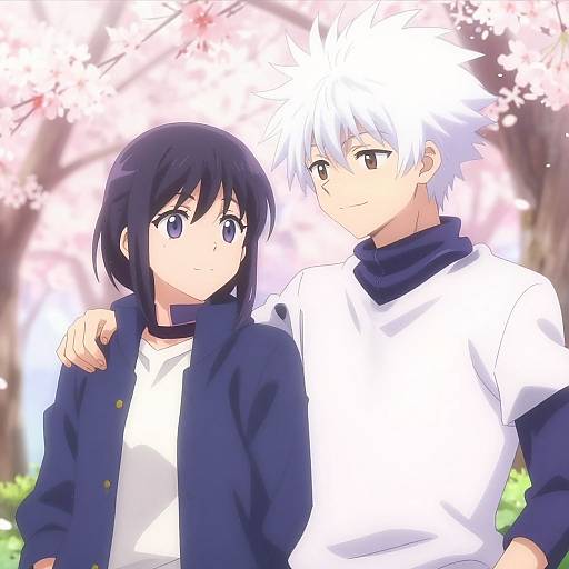 Anime-style digital drawing of a shy black-haired girl with blue eyes and a white-haired boy with brown eyes, standing under cherry blossoms, the boy