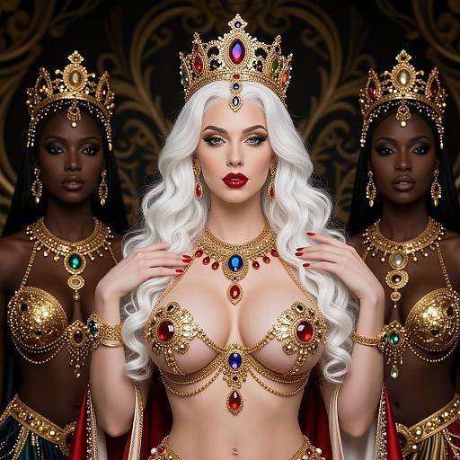 Digital art of a white-haired queen with large breasts, adorned in gold jewelry with red and blue gems, flanked by two dark-skinned attendants