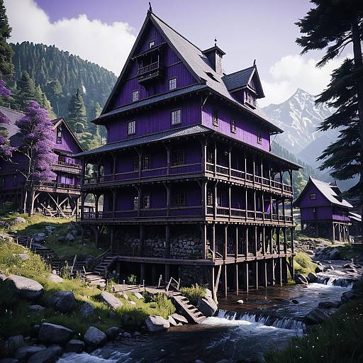 Fantasy Wooden Tower in Mountain Stream