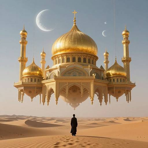 Photograph-style digital artwork of a gold-domed, floating Islamic mosque in a desert with crescent moons in the sky, a lone figure in black
