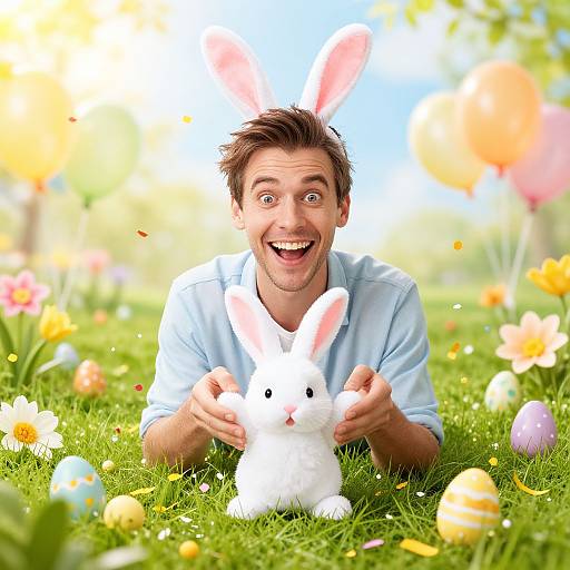 Photograph of a surprised man in a light blue shirt, holding a white bunny with pink ears, surrounded by colorful Easter eggs and flowers in a sunny