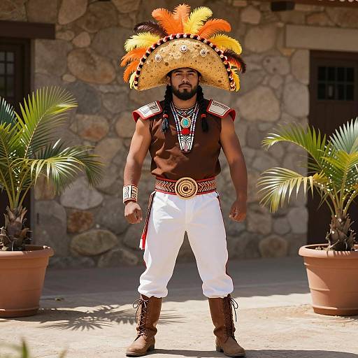 Man in Traditional Native American-Inspired Costume with Feathered Hat