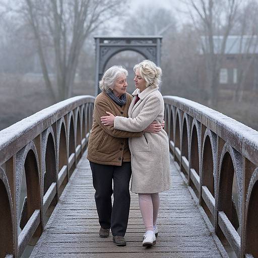 Photograph of elderly couple standing on snow-dusted bridge, embracing warmly; woman in beige coat, man in brown jacket, winter background.