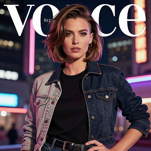 Photograph of a confident woman with short brown hair, wearing a black top and light blue denim jacket, in a neon-lit urban night setting,